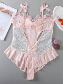Women's Lace See-Through Ruffled Hem Pajamas With Bow Back Button Closure, Sexy One-Piece Sleepwear - Apricot - View 5