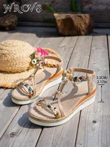 WRCVS 米色女士坡跟凉鞋，编织带，夏季厚底绳底手工串珠编织鞋，轻便厚底度假波西米亚风格高跟户外凉鞋