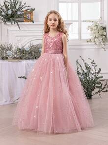 少女亮片3D蝴蝶结薄纱圣诞派对优雅粉色公主裙，适合女孩生日派对、青少年舞会、婚礼花童、感恩节、毕业典礼等场合。 - 粉色 - 查看 3