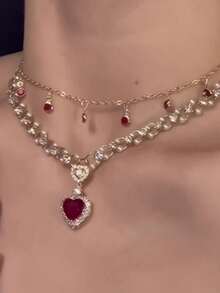 1 件时尚波西米亚风格红色心形仿珍珠双层项链，优雅高端感觉链条适合女性日常佩戴（手工链条按长度剪裁，未指定小吊坠数量） - 紅色 - 查看 1