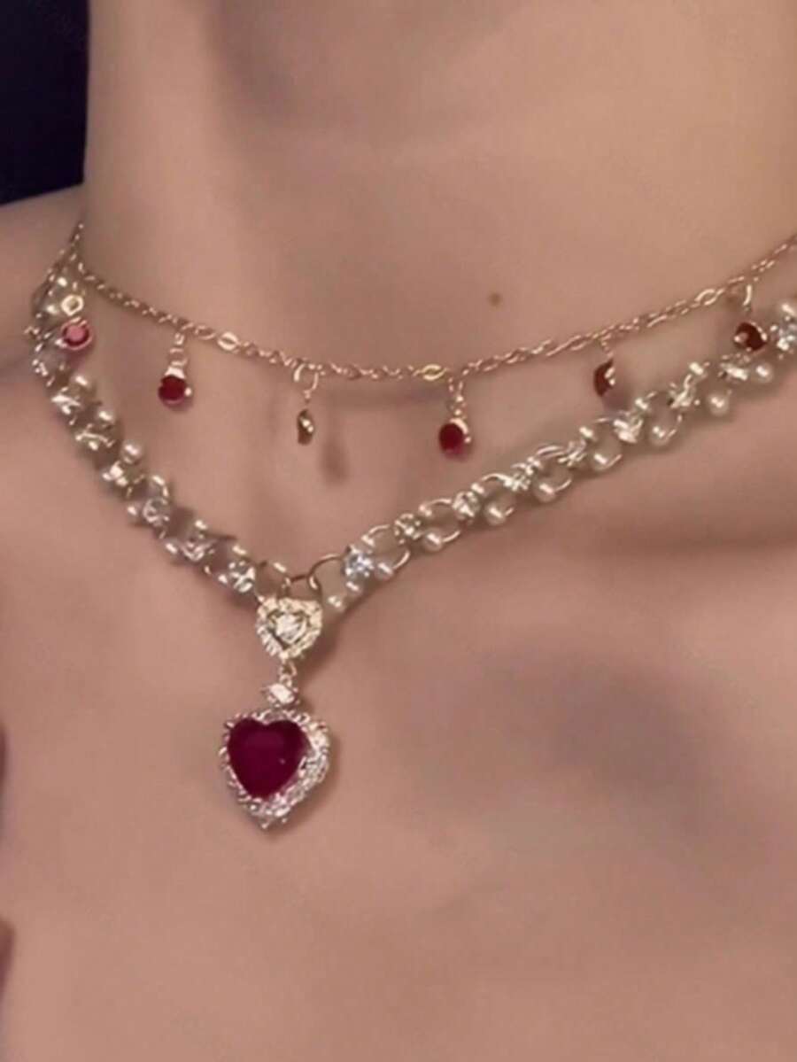 1 件时尚波西米亚风格红色心形仿珍珠双层项链，优雅高端感觉链条适合女性日常佩戴（手工链条按长度剪裁，未指定小吊坠数量） - 紅色 - 查看 1