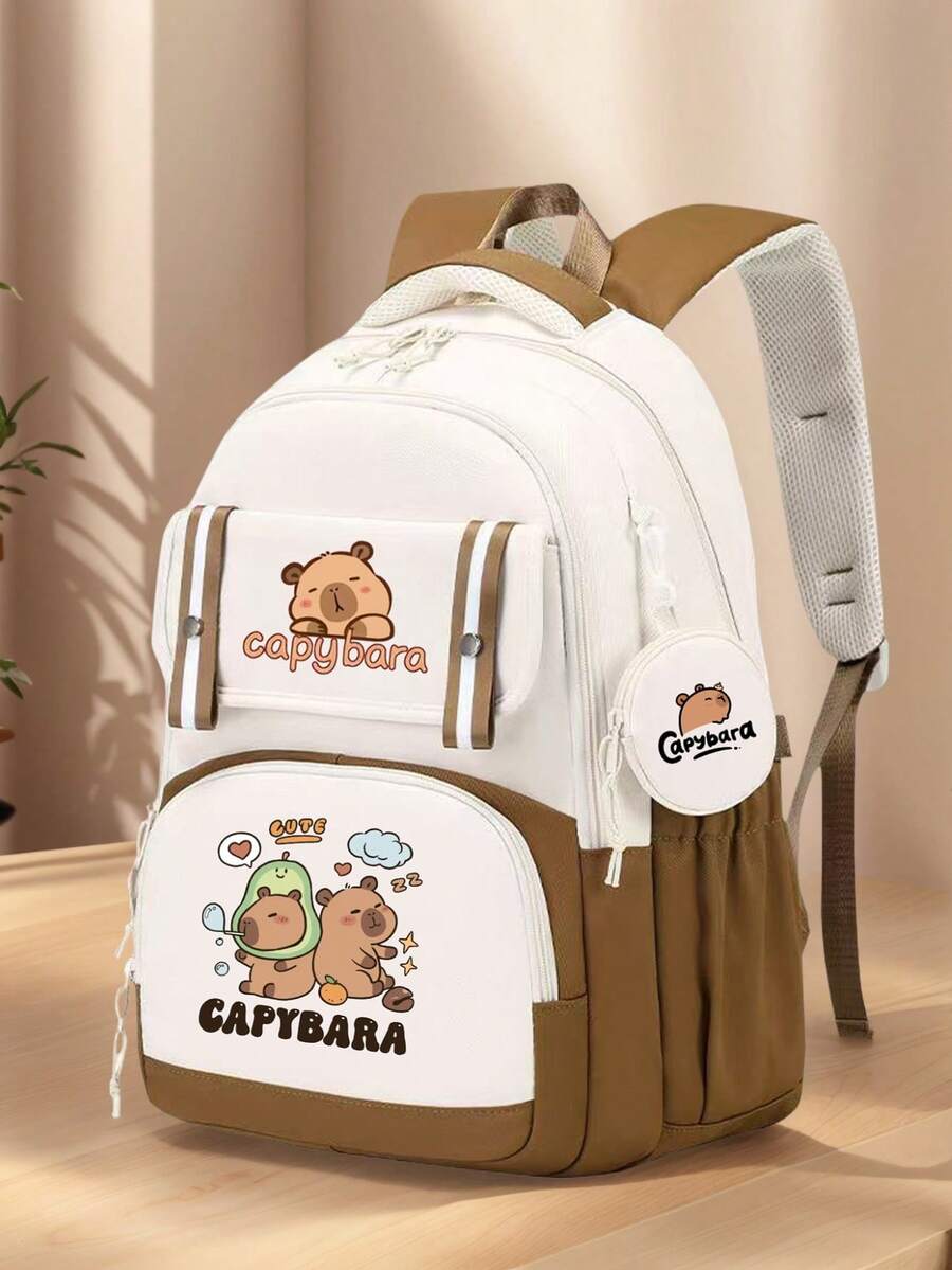 Extra Large Capybara Print Backpack - Cute Patchwork Design, Nylon Material, Lightweight Student Backpack Suitable For High School And College, Korean Style