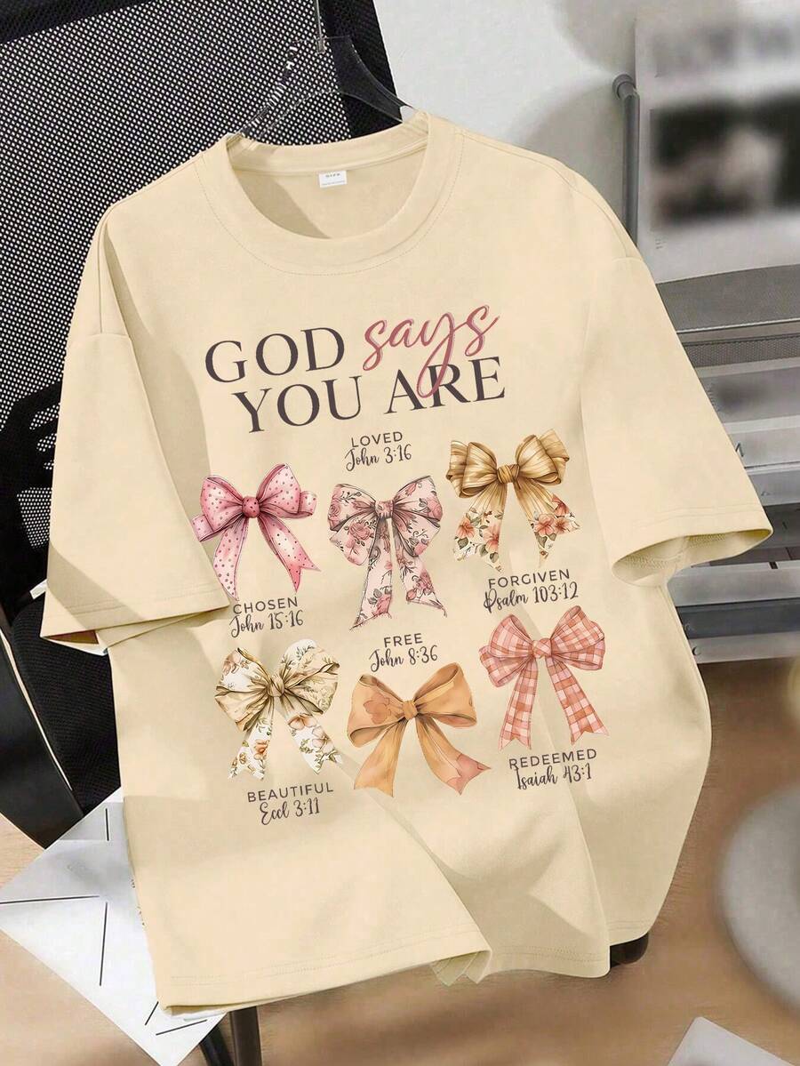 Teen Girl Loose Plus Size Casual And Lovely Pattern With Bow Design. Multiple Bow-Printed Round Neck Pullovers And Short-Sleeved T-Shirts Are Suitable For Spring And Summer Wear. - Apricot - View 1
