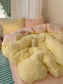 Juego de ropa de cama de 3 piezas en tono amarillo claro y rosa claro que incluye 1 edredón y 2 fundas de almohada, para dormitorio o habitación