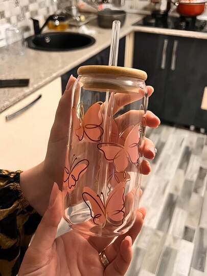 1 Stück/Set Glas Tasse mit Deckel & Strohhalm - großes Fassungsvermögen 450ML/15,22 oz, Glas-förmige Wasserflasche, Kaltbrüh Kaffeetasse, Milchtee-Tasse, Getränke-Tasse, perfektes Geschenk für Freunde