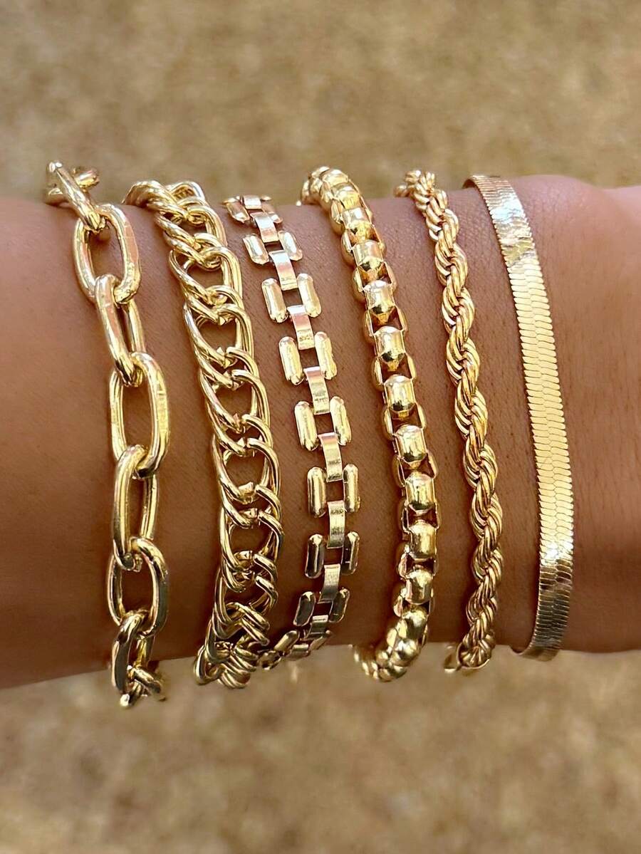 6Pcs Simple Punk Chunky Chain Bracelet Set Metal Link Chain Combo, Ensemble With Rope, Snake, And Twisted Designs Multi Layered Bracelet Women's Holiday Dating Gift Daily Matching - Yellow Gold - View 1