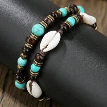 RINTOLER 1set/3pcs Boho Style Coconut Shell & Turquoise Beads Hollow Elastic Bracelet Set, Suitable For Daily Wear Or Vacation Matching