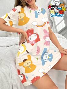 Sanrio Vestido de dormir informal con estampado de la familia Sanrio, cuello redondo, manga corta para mujer en verano