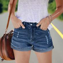 Washed Low-Waist Frayed Distressed Stretch Denim Shorts - Medium Wash - View 6