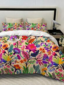 Juego de ropa de cama de 3 piezas con estampado floral colorido (1 funda nórdica y 2 fundas de almohada) de plumón suave y transpirable, adecuado para todas las estaciones