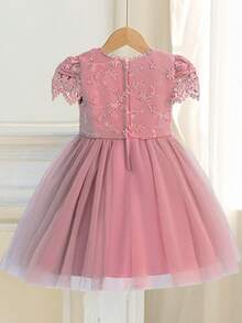 Girls' Pink Lace Tulle Dress, Flower Girl Dress For Weddings, Birthdays & Parties - Pink - View 3