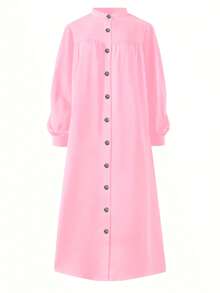 Scacto Vestido largo de línea A con cuello redondo, mangas farol y plisado en un solo color, para uso diario, fiesta en casa o moda, versión holgada, modesto