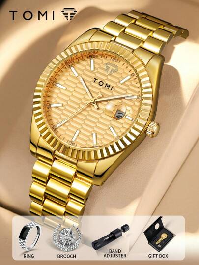  TOMI Quartz Men's Watch Set With Star & Moon Brooch Ring, Fashion Business Quartz Watch Gift Box, Suitable For Daily Life, Business Events, Father's Day, Valentine's Day, Christmas,