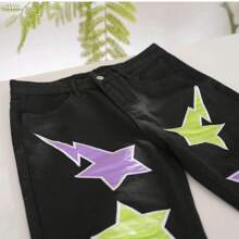 Jupkem American Rock And Hip-Hop Street Men's Pants With Star Pattern Patch Design, Loose Straight Leg Wide Leg Casual Pants, High Street Ins Jeans, Black