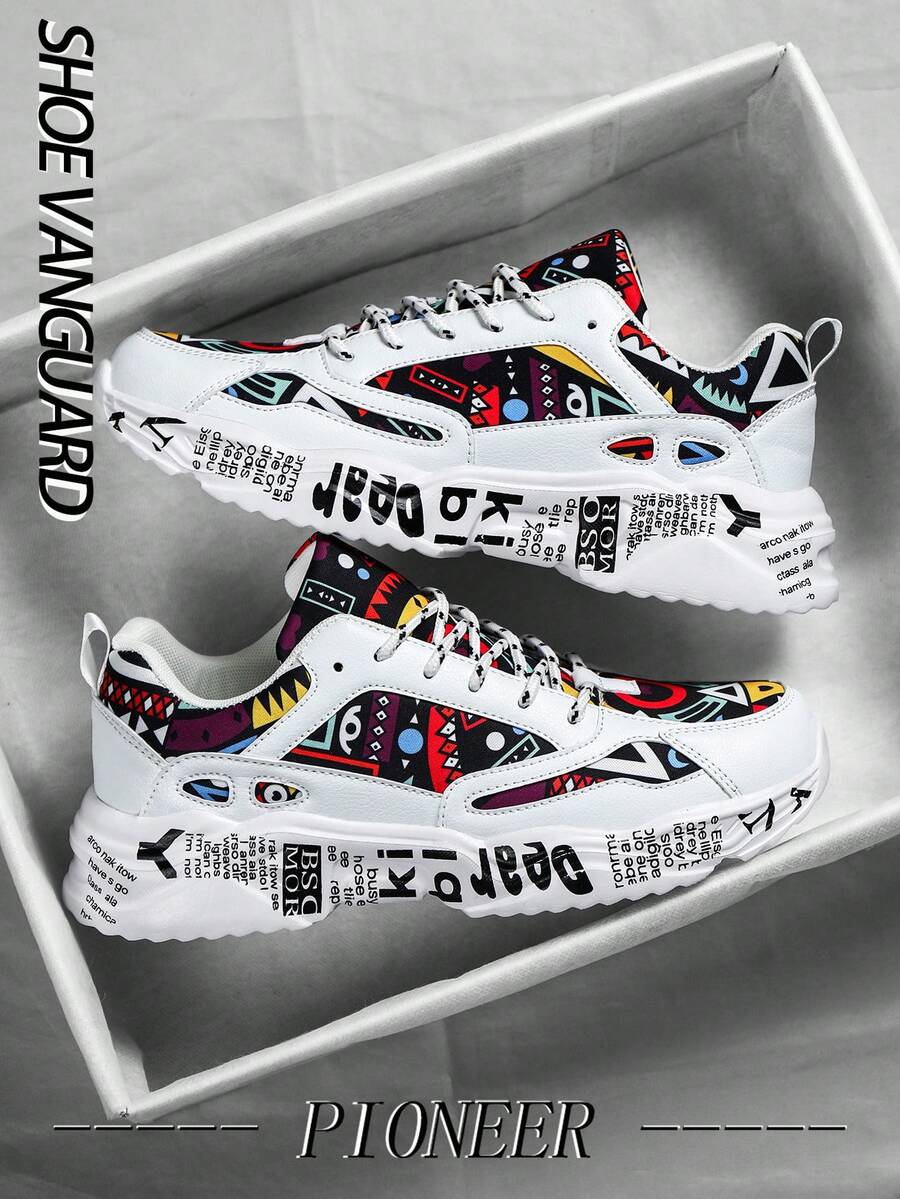 (Kích thước nhỏ hơn) Giày thể thao nam họa tiết graffiti màu tương phản, giày thể thao nam dáng rộng thoải mái, phù hợp cho cả ngày và đêm, giày thể thao đôi đa năng
