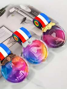 1 pieza Medalla de trofeo de cristal personalizado para premio DIY, medalla de cristal con premio personalizado de color impreso, medalla de vidrio en blanco para trofeo de deportes de diseño DIY, trofeo de juego de alianza de viaje, insignia con cinta y caja de regalo