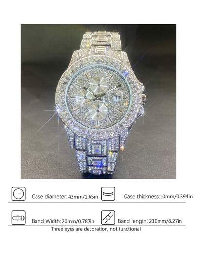 Jam Tangan Pria MISSFOX New Date, Jam Tangan Quartz Mewah dengan Dekorasi Tiga Dial Berlian Penuh, Jam Tangan Hip Hop Bertabur Berlian