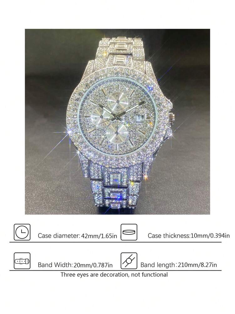 MISSFOX 男士新款日期腕表，奢华全钻三小表盘装饰石英表，嘻哈冰钻腕表 - 銀色 - 查看 5