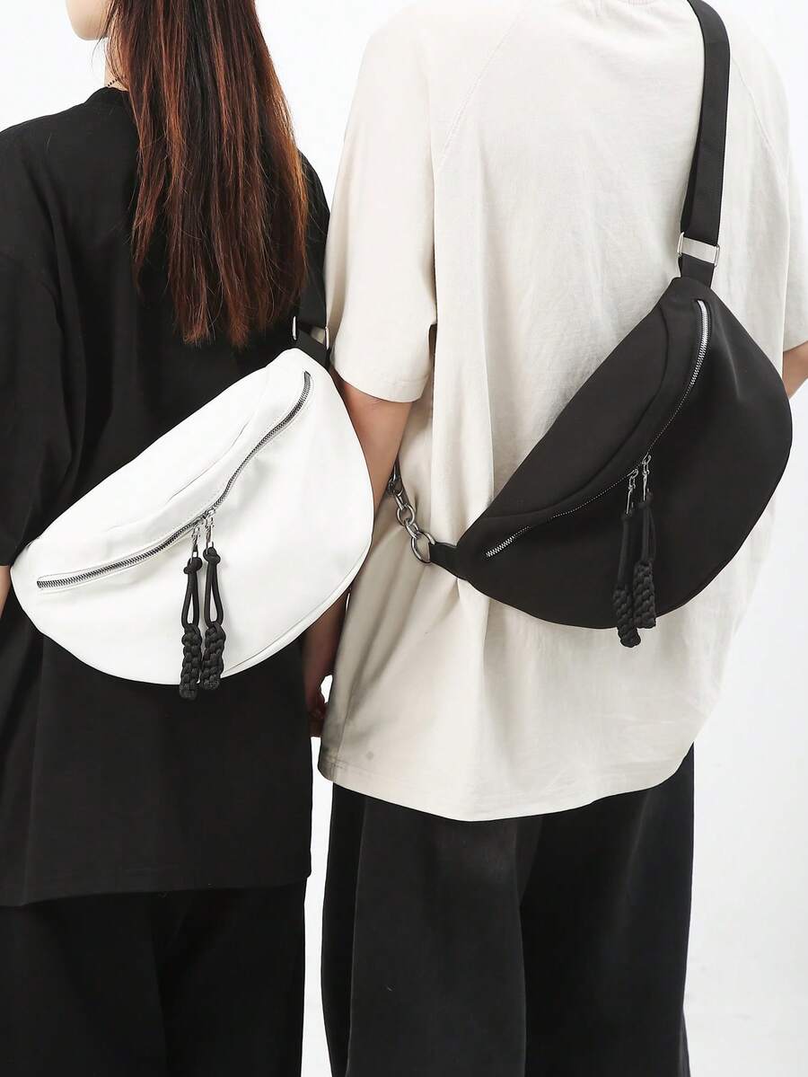 Fashion Fabric Chain Tassel Crossbody Bag, Dumpling Shaped Casual Sports Bag, Couple Shoulder Bag Belts