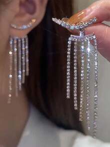 1 Pair Women's Elegant Versatile Wedding Long Tassel Fully Rhinestone Earrings