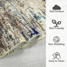 Modern Stain Resistant Abstract Art Rug In Blue-Camel - Machine Washable Non-Slip Carpet, Neutral Indoor Floor Rug For Living Room Bedroom - Blue Camel - View 4