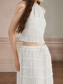 Camisetas sin mangas para mujer con cuello halter anudado, volantes y dobladillo plisado, sin espalda. - Blanco - Ver 7