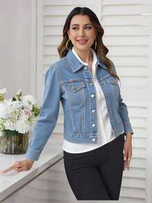 Chamarra cazadora crop corta mezclilla gruesa mangas abullonadas pliegues look clásico casual fresco botones bolsillos frontales toda ocasión primavera verano otoño invierno. - Azul - Ver 1