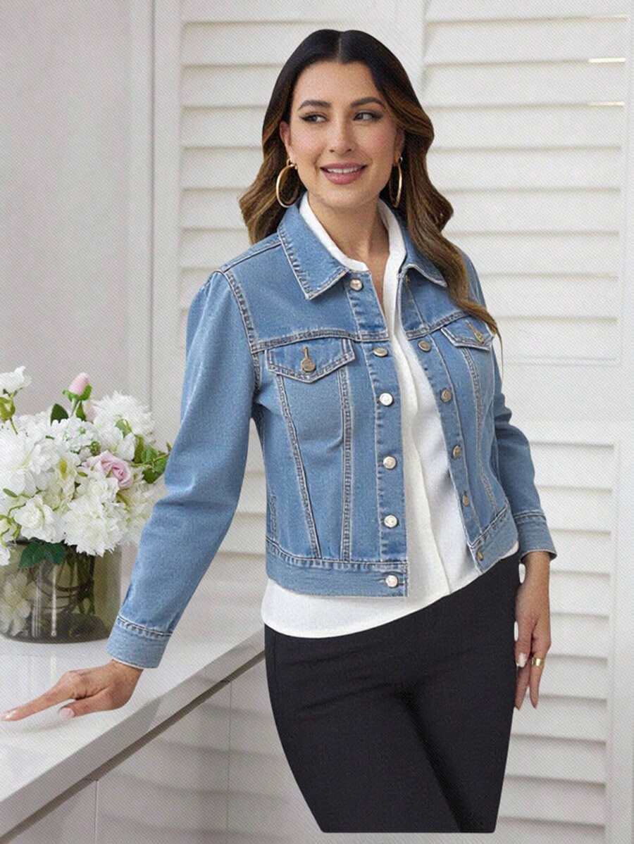 Chamarra cazadora crop corta mezclilla gruesa mangas abullonadas pliegues look clásico casual fresco botones bolsillos frontales toda ocasión primavera verano otoño invierno. - Azul - Ver 1