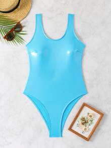 女式无袖高开叉短款连体泳衣，露背设计，略有弹性的闪亮面料 - 藍色 - 查看 3