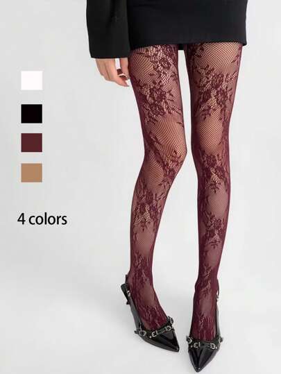 1 pezzo Collant in pizzo a 4 colori, nuova collezione primavera, calze a rete in stile francese nei colori nero, bianco, rosso vino, sexy e accattivante