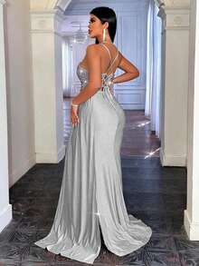 CHOSMO Elegant Sequin Patchwork High Slit Spaghetti Strap Party Dress - Grey - View 3