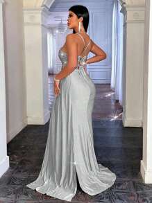 CHOSMO Vestido maxi elegante de noche, fiesta, boda o evento formal para mujeres con tiras de espagueti, espalda con cremallera, cintura alta, abertura lateral con cinta y detalles de lentejuelas.