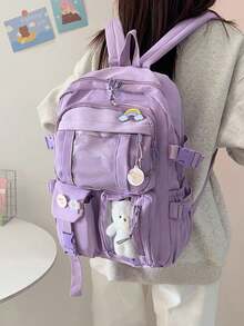 Two Tone Classic Backpack Letter Patch,Kawaii School Style: Cute Nylon Backpack With Pins & Accessor - Purple - View 8