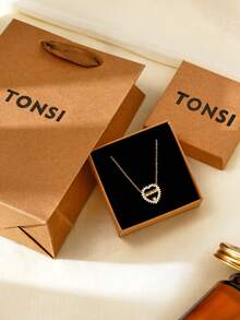 TONSI 1pc Luxury Stainless Steel 18K Gold Plated Diamond Heart Necklace, Gift Box Decoration, Suitable For Mother's Day