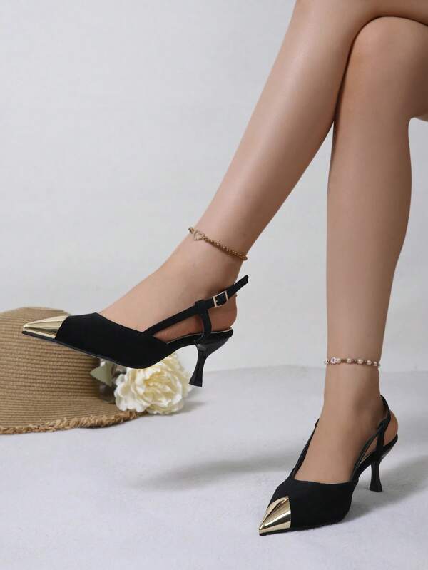 Stylish Summer Wear: Black Heels With Gold Metallic Toe Cap, Versatile Design, Ankle-Revealing, Sexy Women's Shoes