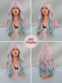 7JHH WIGS 带刘海的华丽粉色假发，长款蓬松波浪假发挑染绿蓝色头发合成耐热纤维彩色假发适合女性动漫或服装角色扮演派对狂欢万圣节圣诞节使用 28 英寸（彩虹色假发） - 挑染粉色 - 查看 5