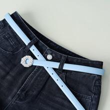 Elegant Luxury Fashionable Sky Blue PU Leather Slim Waist Belt With Shiny Rhinestone Circular Buckle, Suitable For Elegant, Cute, Casual, Sexy, Business, Party, Spring/Summer Outfits Summer, School Fall, Autumn, Halloween