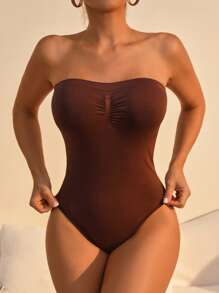 1 Piece Strapless Seamless Shapewear Bodysuit For Women, High Compression Tummy Control Body Shaper, Elegant Off-Shoulder Slimming Jumpsuit With Pleated Front & Non-Slip Design, Full Cup Lightweight For Wedding/Party/Vacation, Polyamide Elastane Knit