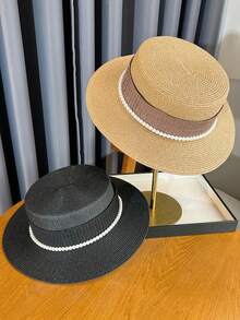 1pc Women Straw Hat, Casual Bohemian Street Elegant French Flat Top Hat, Suitable For Summer Elegant Pearl Straw Beach Sun Hat, Ideal For Gatherings, Outings, Outdoor Use - Multicolor - View 1