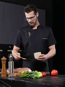 New Men's Short Sleeve Button Embroidery Decor Breathable Chef Coat With Small Stand Collar - Black - View 3