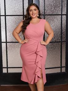 Fuaheng Plus Size Ruffle Hem Fitted Sleeveless Bodycon Dress With Ruched Front Design, Party Dress, Wedding Guest Cocktail Dress - Pink - View 3
