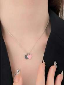 1 时尚爱心纯银项链滴油珐琅蓝红粉色锁骨链双女士心形吊坠适合常规服装送母亲节礼物