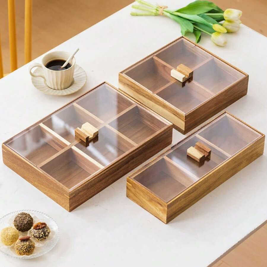 1 pieza Bandeja de snacks de madera de olmo con tapa, caja de almacenamiento de 4 compartimentos para nueces/dulces/frutas secas para el hogar, sala de estar