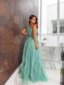 One-Shoulder Layered Bridesmaid Prom Dress - Mint Green - View 4
