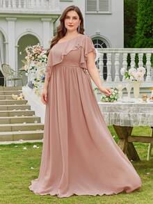 Plus Size Chiffon Minimalist Sexy Asymmetrical Shoulder Bodycon Cocktail Wedding Dress,Bridesmaid Dress - Coral Pink - View 1