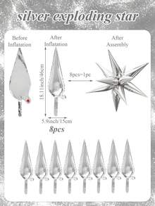 8pcs/Set Silver 4D Exploding Star Aluminum Foil Balloons, Pointed Star Explosion Balloons, Cone Balloons, Teardrop Connected Balloons, Magic Star Burst Balloons, For Bachelor Party, Birthday, Wedding Decoration, Anniversary, Party Decoration, Celebration, Gift Giving, Theme Event Decor, Frozen Theme Decor, Disco Party - Silver - View 3