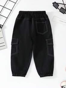 Baby Boys' Casual Sports Cargo Pants, Fashion Color Block Striped Drawstring Waist Trousers, Multi-Pocket Solid Color Anti Mosquito Pants, All Seasons