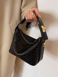 PU Faux Snake Skin Textured Tote Bag For Women, Simple Design, Versatile - Black - View 3