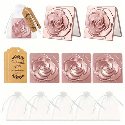 15/3件套迷你便携折叠化妆镜套装，优雅玫瑰造型粉饼盒镜套装，包含5个方形粉饼盒镜、5张纸卡、5个欧根纱袋，伴娘礼物，适合婚礼、生日派对等场合
