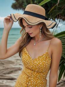 Women's 1-Piece Khaki & Beige Straw Woven Wide-Brim Sun Hat - Bohemian Casual Summer Outdoor Hat With Black Ribbon Bow, UV Protection For Beach, Garden & Travel | Lightweight Breathable Boho-Chic Accessory - Hat - View 1